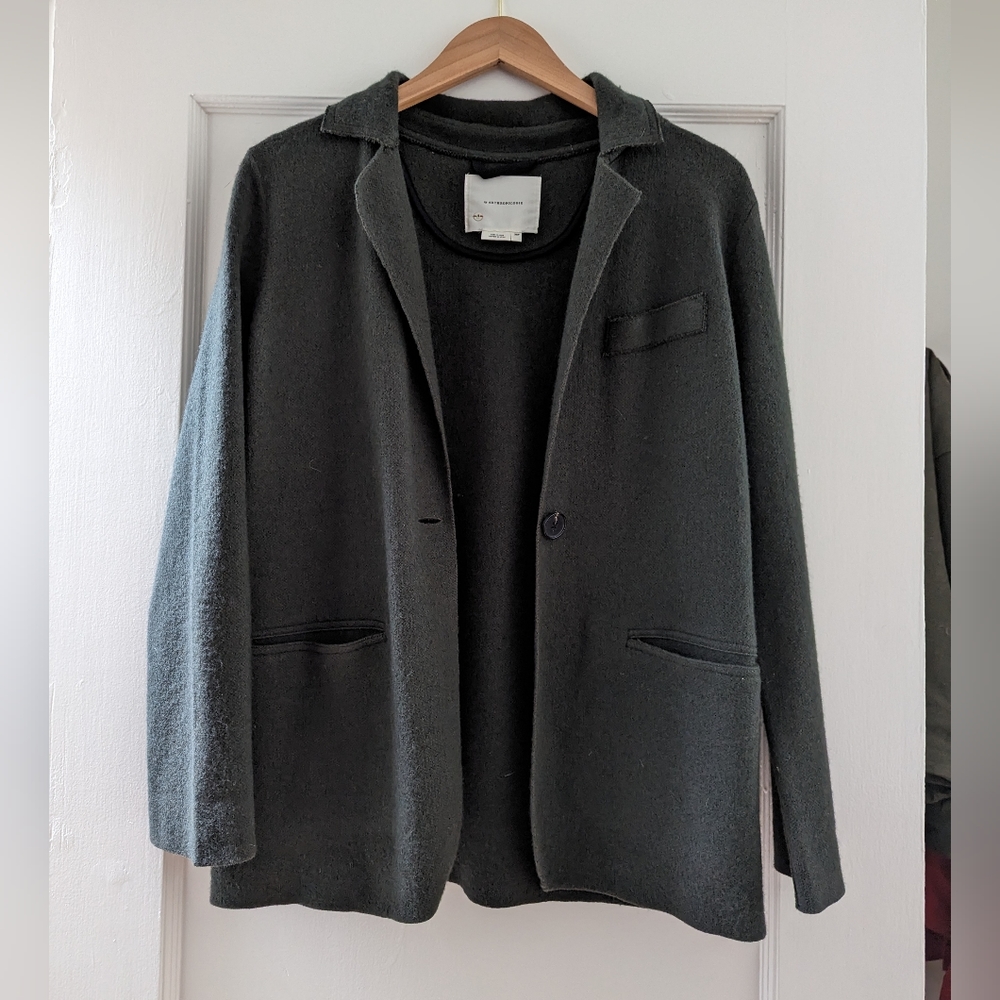 Anthropologie wool+cotton blazer/coatigan, dark green, XSP